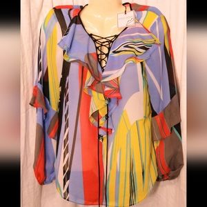 Bisou Bisou Broken Geo Print Semi Sheer Ruffled Blouse Women's Size M